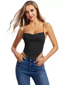 SHEIN Privé Áo hai dây Bất đối xứng Lộ Lưng Hội Chữ thập Buộc lại màu trơn Gợi cảm - màu đen - Xem 1