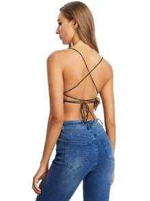 SHEIN Privé Áo hai dây Bất đối xứng Lộ Lưng Hội Chữ thập Buộc lại màu trơn Gợi cảm - màu đen - Xem 2
