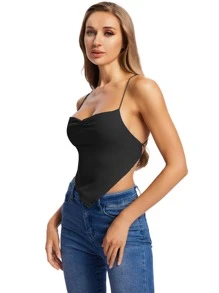 SHEIN Privé Áo hai dây Bất đối xứng Lộ Lưng Hội Chữ thập Buộc lại màu trơn Gợi cảm - màu đen - Xem 3