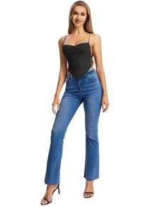 SHEIN Privé Áo hai dây Bất đối xứng Lộ Lưng Hội Chữ thập Buộc lại màu trơn Gợi cảm - màu đen - Xem 4