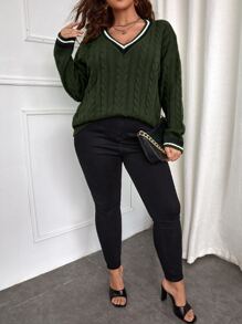 SHEIN LUNE Plus Striped Trim Cable Knit Drop Shoulder Jumper - Dark Green - View 3