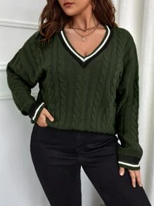 SHEIN LUNE Plus Striped Trim Cable Knit Drop Shoulder Jumper - Dark Green - View 4