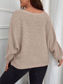 SHEIN LUNE Áo len nữ cỡ lớn màu trơn cổ thuyền tay cánh dơi, kiểu dáng đơn giản thanh lịch, thích hợp mặc mùa thu/đông. - Màu be - Xem 2