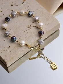 1pc 18K Gold Plated Natural Pearl Bracelet, Gift For Women On Mother's Day, Valentine's Day, Birthday, Engagement, Wedding, Bridal