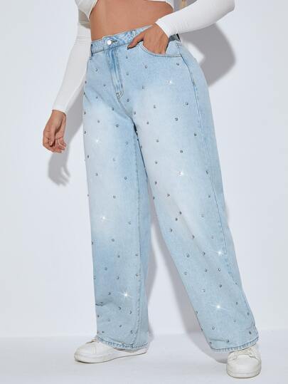 Plus Rhinestone Detail Straight Leg Jeans