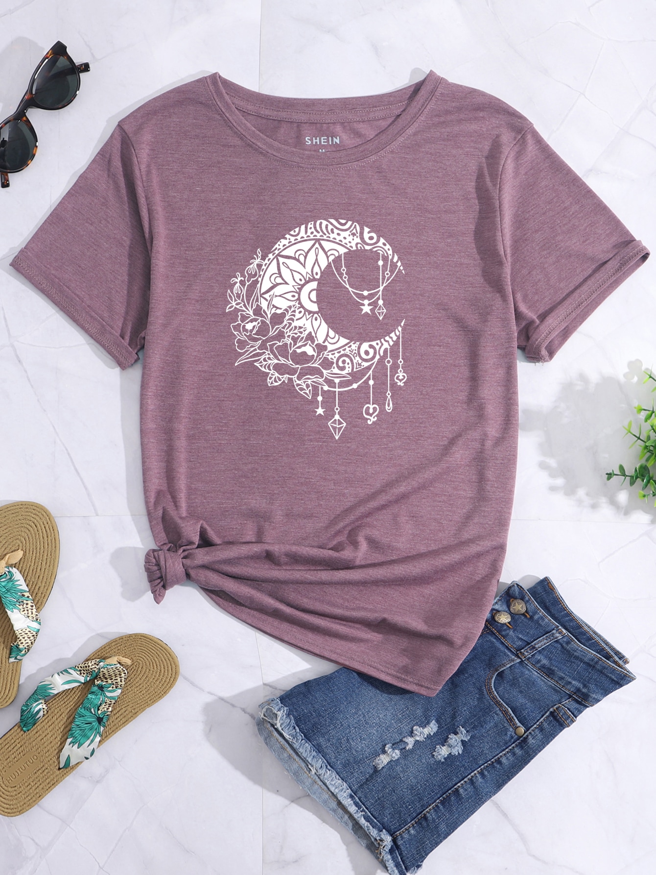 SHEIN LUNE Moon & Floral Print Tee