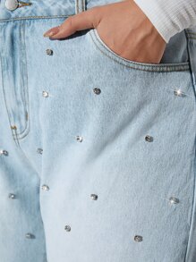 SHEIN EZwear Plus Rhinestone Detail Straight Leg Jeans - Light Wash - View 5