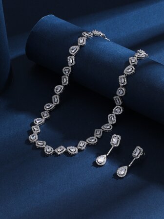 3入組方晶鋯石水滴裝飾首飾套裝