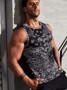 Men Paisley Print Contrast Binding Sports Tank Top - Black and White - View 1