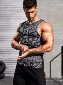 Men Paisley Print Contrast Binding Sports Tank Top - Black and White - View 3