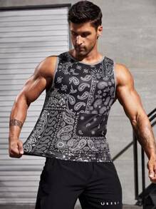 Men Paisley Print Contrast Binding Sports Tank Top - Black and White - View 4
