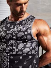 Men Paisley Print Contrast Binding Sports Tank Top - Black and White - View 5
