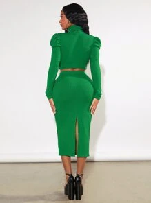 SHEIN SXY Mock Neck Gigot Sleeve Crop Top & Skirt - Green - View 2