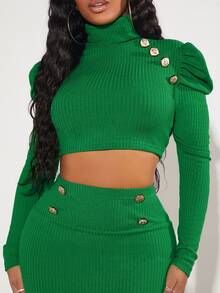 SHEIN SXY Mock Neck Gigot Sleeve Crop Top & Skirt - Green - View 4