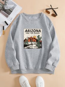 SHEIN EZwear Cactus And Letter Graphic Thermal Lined Sweatshirt - Grey - View 1