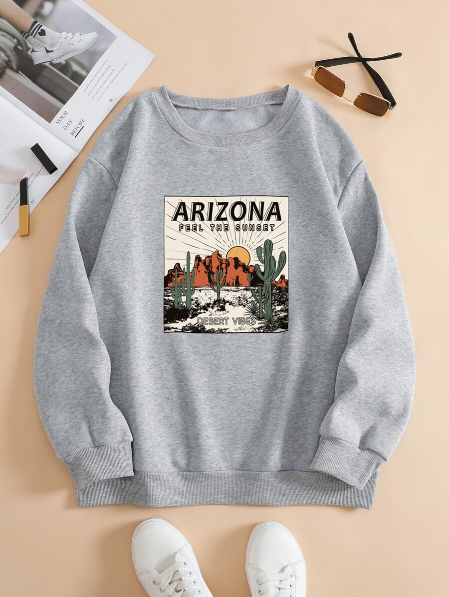 SHEIN EZwear Cactus And Letter Graphic Thermal Lined Sweatshirt - Grey - View 1