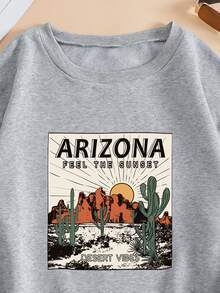 SHEIN EZwear Cactus And Letter Graphic Thermal Lined Sweatshirt - Grey - View 4