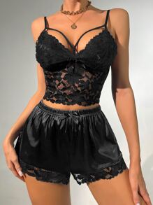 Conjunto de pijama de satén con lazo frontal de encaje floral