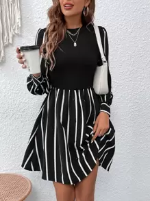 EMERY ROSE Casual Commuter Striped Puff Sleeve Dress