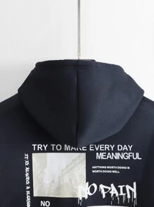 Manfinity Homme Sudadera Holgada De Hombre Con Capucha, Cordón Y Gráficos Con Consignas - Azul Marino - Ver 4