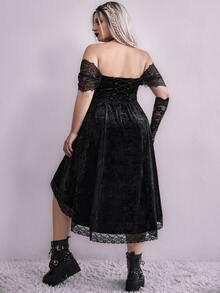 Plus Off Shoulder Lace Panel High Low Hem Velvet Dress - Black - View 2
