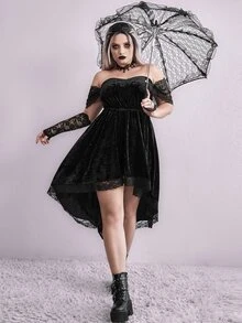Plus Off Shoulder Lace Panel High Low Hem Velvet Dress - Black - View 4