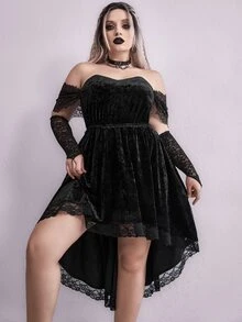 Plus Off Shoulder Lace Panel High Low Hem Velvet Dress - Black - View 3