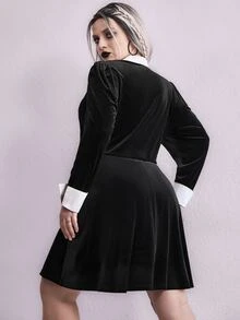 Đầm Plus Size Tương phản ren Nút phía trước Khối Màu Thanh lịch - màu đen - Xem 2