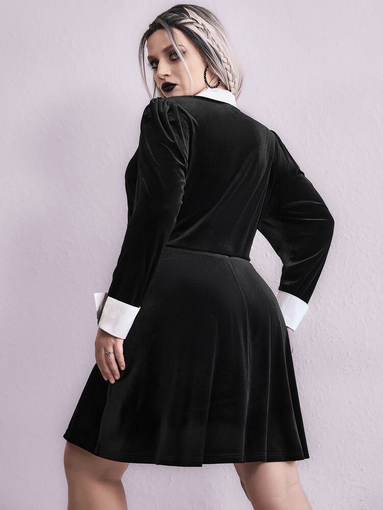 Plus Contrast Collar Puff Sleeve Velvet Dress