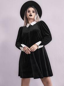 Đầm Plus Size Tương phản ren Nút phía trước Khối Màu Thanh lịch - màu đen - Xem 3
