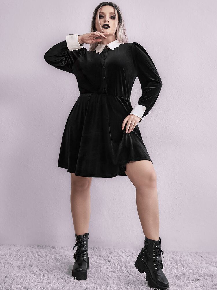 Plus Contrast Collar Puff Sleeve Velvet Dress