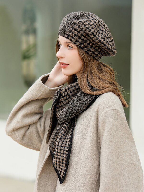 1set New Arrivals Plaid Patchwork Cashmere Beret Hat And Scarf Set, Pure Cashmere Hat And Scarf
