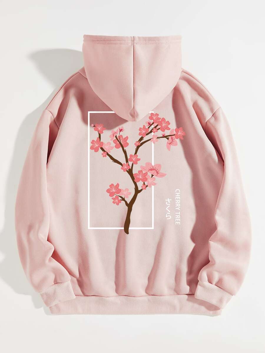 INAWLY Letter & Floral Print Drawstring Thermal Lined Hoodie,Long Sleeve Tops Graduation,Back To School,Graduation,Teacher For Women,Back To School Pullover Fall Sweatshirt - Baby Pink - View 1