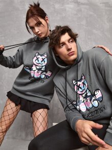 SWAVVY 1件落肩熊和字母印花寬鬆束腰連帽衣 - 深灰色 - 查看 2