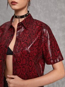 SWAVVY 1件男士蛇紋印花人造皮革衫 - 酒紅色 - 查看 3