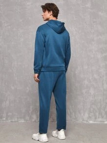 SWAVVY 1pc Letter Patched Drop Shoulder Hoodie & 1pc Joggers - Teal Blue - View 2