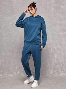 SWAVVY 1pc Letter Patched Drop Shoulder Hoodie & 1pc Joggers - Teal Blue - View 8