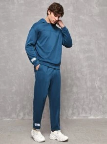 SWAVVY 1pc Letter Patched Drop Shoulder Hoodie & 1pc Joggers - Teal Blue - View 9