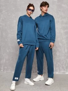 SWAVVY 1pc Letter Patched Drop Shoulder Hoodie & 1pc Joggers - Teal Blue - View 1