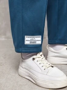 SWAVVY 1pc Letter Patched Drop Shoulder Hoodie & 1pc Joggers - Teal Blue - View 4