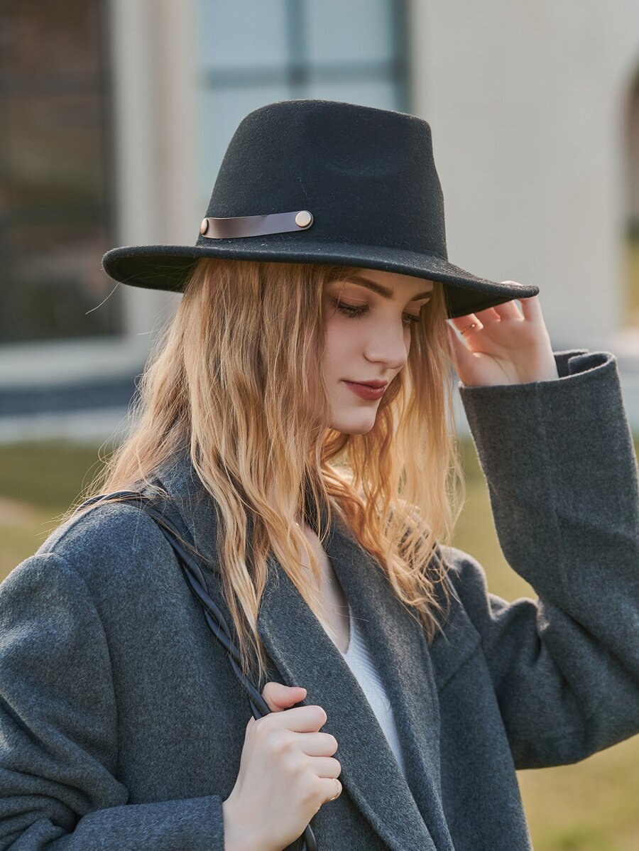 鉚釘裝飾軟呢帽 - 黑色 - 查看 1