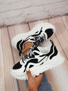 Women Color Block Chunky Sneakers, Fabric Lace-up Front Sneakers - Black and White - View 1