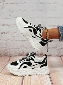 Women Color Block Chunky Sneakers, Fabric Lace-up Front Sneakers - Black and White - View 3
