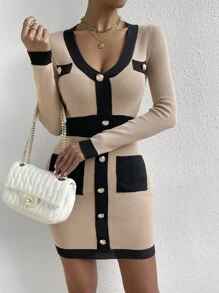 SHEIN Frenchy 拼接邊口袋貼布毛衣裙