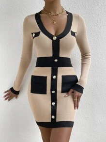 SHEIN Frenchy 拼接邊口袋貼布毛衣裙