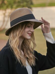 LEAJOURNO. 1pc Two Tone Fedora Hat Elegant - Khaki - View 8