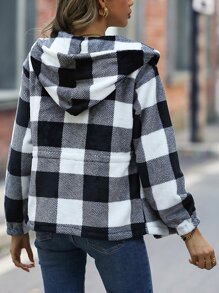 EMERY ROSE Buffalo Plaid Print Hooded Flannel Jacket Fall Winter Cloth For Women - Black and White - View 2
