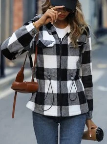 EMERY ROSE Buffalo Plaid Print Hooded Flannel Jacket Fall Winter Cloth For Women - Black and White - View 5