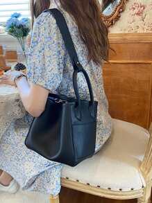 Stitch Detail Bucket Bag - Black - View 2