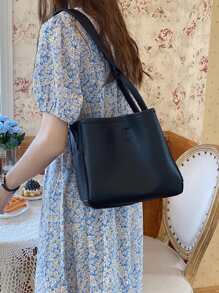 Stitch Detail Bucket Bag - Black - View 3